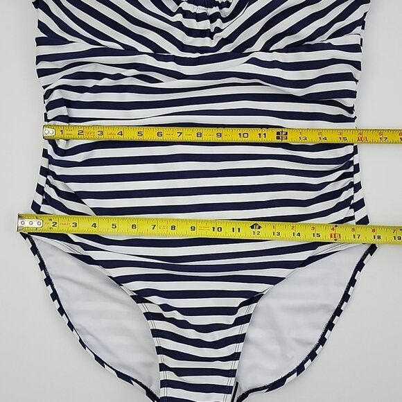 Simon Chang Solutions One-Piece Swimsuit Blue White Stripe High Back Size 16 - Picture 9 of 12